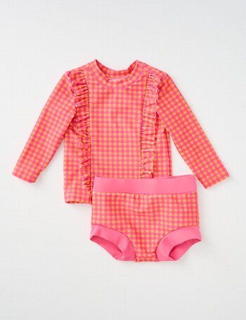 Teeny Weeny Check Long-Sleeve Swim Top & Nappy Set, 2-Piece, Coral product photo