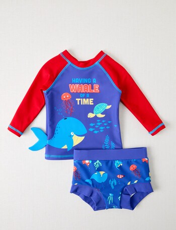 Teeny Weeny Whale Long Sleeve Rash Top & Nappy Set, 2-Piece, Blue & Red product photo
