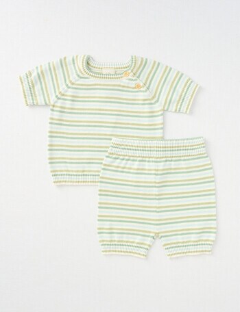 Little Bundle Striped Knit Short-Sleeve Top & Shorts Set, 2-Piece, Sage & Vanilla product photo