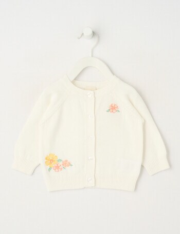 Little Bundle Flower Crew Neck Knit Cardigan, White product photo