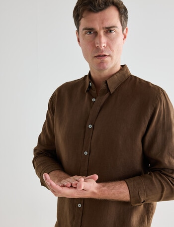 Gasoline Linen Long Sleeve Shirt, Chocolate product photo