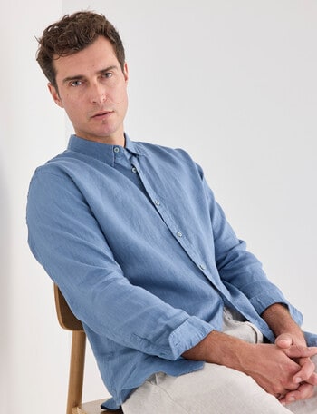 Gasoline Linen Long Sleeve Shirt, Blue product photo