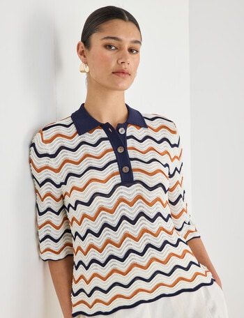 State of play Holly Scalloped Knit Short Sleeve Polo Shirt, Deep Blue product photo