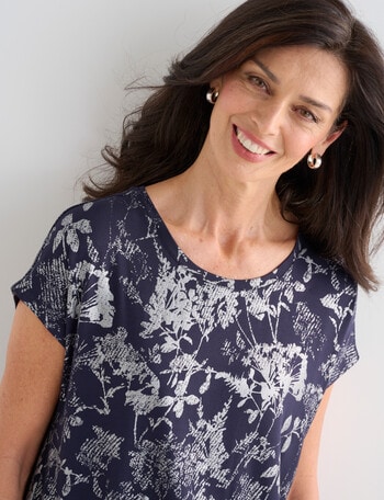 Ella J Floral Foil Boxy Tee, Navy product photo