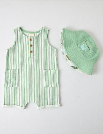 Little Bundle Dino Cheese Cloth Shortall & Hat Set, 2-Piece, Green & Vanilla product photo