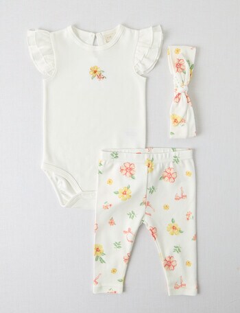 Little Bundle Flower Bodysuit, Pants & Headband Set, 3-Piece, Vanilla product photo