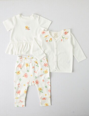 Little Bundle Flower Top, Pants & Cardigan Set, 3-Piece, Vanilla product photo