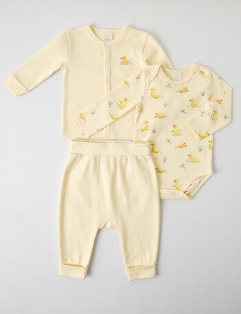 Little Bundle Duck Top, Pants & Cardigan Set, 3-Piece, Butter product photo