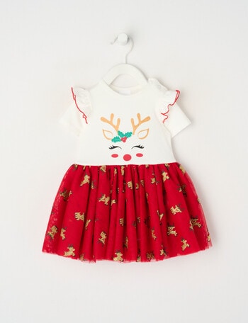 Teeny Weeny Christmas Novelty Reindeer Tutu Bodysuit Dress, Red product photo