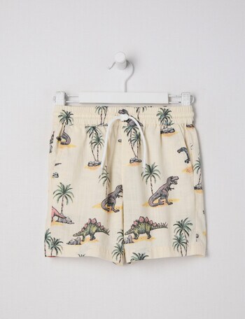 Mac & Ellie All Over Print Dino Woven Shorts, Stone product photo