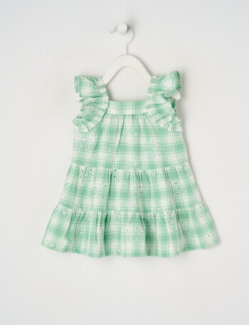 Teeny Weeny Linen-Blend Embroidered Anglaise Check Dress, Green product photo