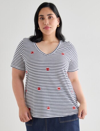 Studio Curve Organic Cotton Flower Embroidery V-Neck Tee, White product photo