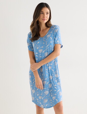Whistle Sleep Short Sleeve V-Neck Nightie, 10-26, Blue Print product photo