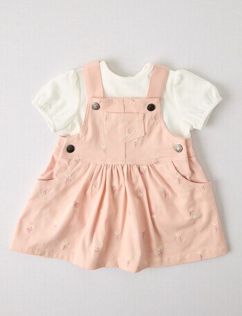 Teeny Weeny Embroidered Pinny & Short-Sleeve Tee Set, 2-Piece, Pale Pink & White product photo