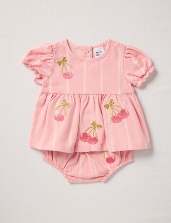 Teeny Weeny Cherry Woven Top & Bloomers Set, 2-Piece, Pink product photo