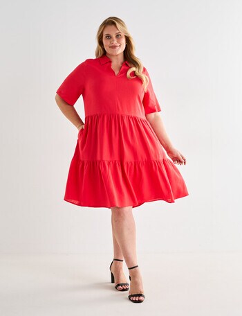 Studio Curve Linen Blend Tiered Collared Dress, Coral product photo