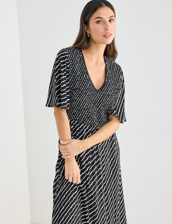 Whistle V-Neck Shirred Front Dress, Black & Ecru product photo