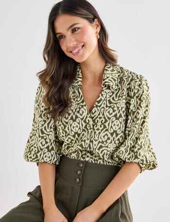 Whistle Three Quarter Sleeve Shirt, Khaki Ikat product photo
