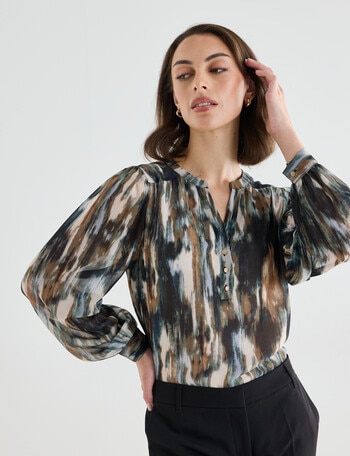 Oliver Black Brush Stroke Print V-Neck Blouse, Green product photo