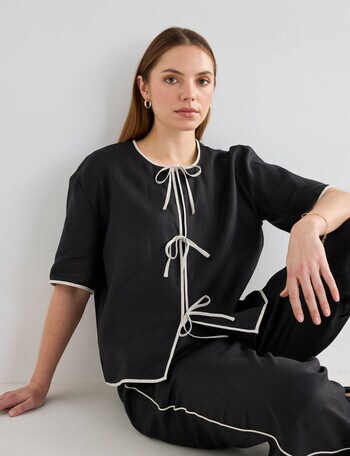 Mineral Haven Linen Tie Front Top, Black product photo
