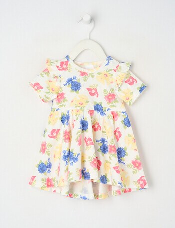 Teeny Weeny Play Time Cornflower Short-Sleeve Low-High Dress, White product photo