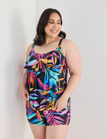 Zest Resort Curve Vibrant Leaves Tiered Tankini, Black product photo