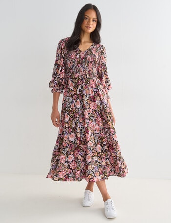 Whistle Floral Print Shirred V Neck Midi Dress, Pink product photo