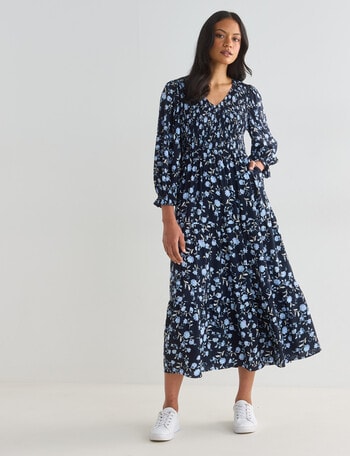 Whistle Floral Print Shirred V Neck Midi Dress, Blue product photo