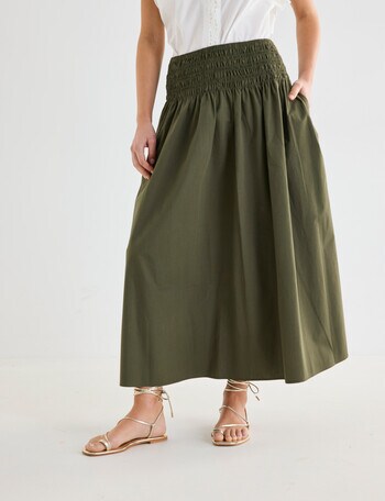 Whistle Shirred Waist Poplin Skirt, Khaki product photo