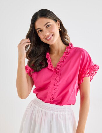 Whistle Cotton Poplin Lace Top, Hot Pink product photo