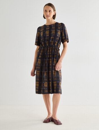 Jigsaw Debs Drawstring Waist Dress, Gold Print product photo