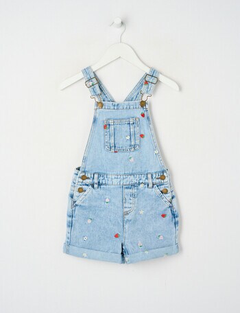 Mac & Ellie Embroidered Berry Daisy Denim Shortall, Washed Blue product photo