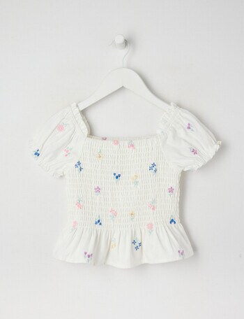 Mac & Ellie Embroidered Floral Linen Blend Shirred Top, White product photo