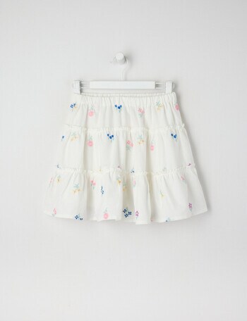 Mac & Ellie Embroidered Floral Tiered Linen Blend Skirt, White product photo