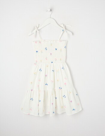 Mac & Ellie Embroidered Floral Linen Blend Tie Shoulder Shirred Dress, White product photo