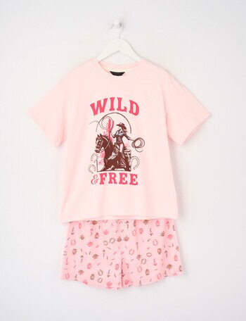 Sleep Squad Western Knit & Woven Short PJ Set, Pink, 8-16 product photo