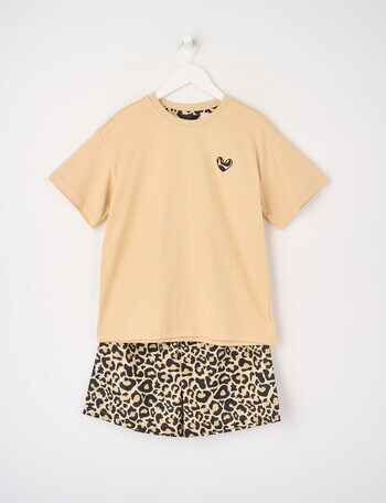 Sleep Squad Leopard Print Knit & Woven Short PJ Set, Sand, 8-16 product photo