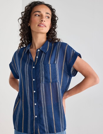 Zest Linen Blend Stripe Short Sleeve Shirt, Navy product photo