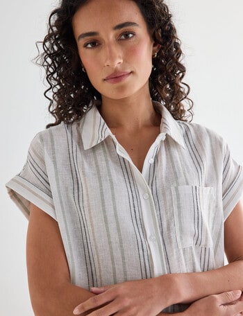 Zest Linen Blend Stripe Short Sleeve Shirt, Ecru & Basil product photo