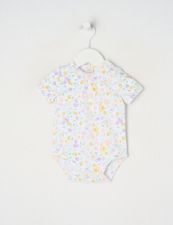 Little Bundle Essentials Stretch Cotton Orchid Ditsy Short-Sleeve Bodysuit, White product photo