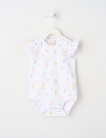 Little Bundle Stretch Cotton Essentials Leaves Sleeveless Bodysuit, White product photo