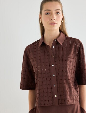 Mineral Sabina Broderie Boxy Cropped Shirt, Chocolate product photo