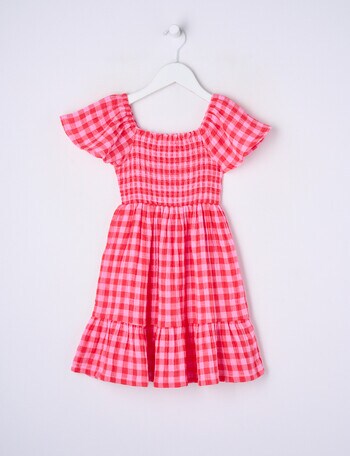 Mac & Ellie Gingham Flutter Sleeve Shirred Dress, Pink & Red product photo