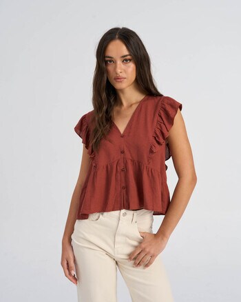 ONLY Rian Linen Blend Flounce Top, Henna product photo