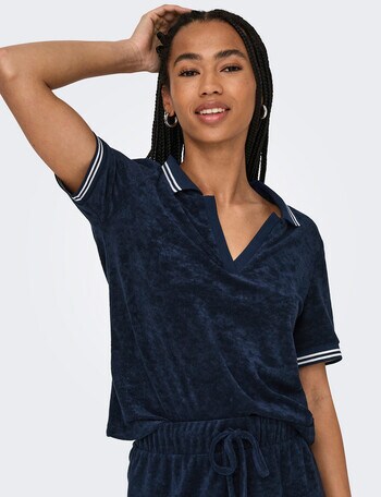ONLY Vicky Terry V-Neck Polo Shirt, Navy Blazer product photo