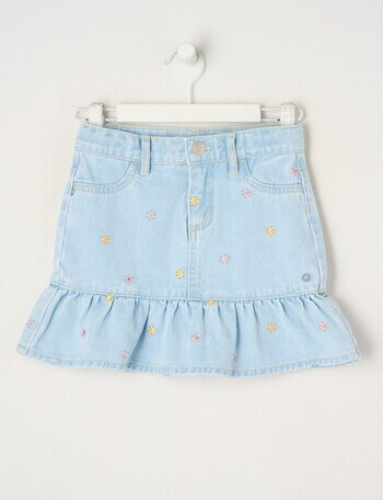 Mac & Ellie Embroidered Daisies Denim Skirt, Light Blue product photo