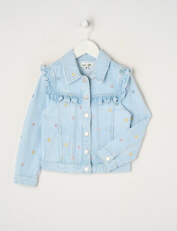 Mac & Ellie Embroidered Daisies Denim Frill Jacket, Light Blue product photo