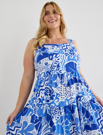 Studio Curve Linen Blend Sleevless Dress, Blue Print product photo