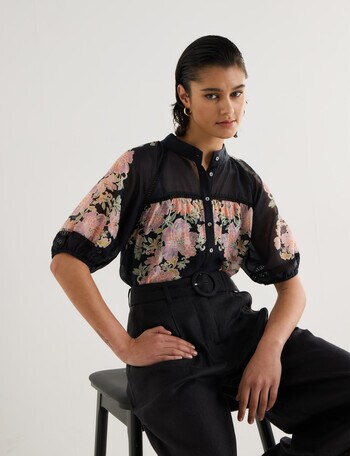 State of play Lily Floral Lace Trim Blouse, Black product photo