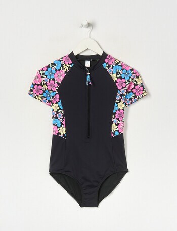 Wavetribe Retro Floral Short Sleeve Rashsuit, Black product photo